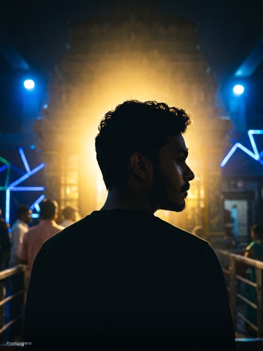 AI generated: With a black and blue theme a back shot of me above my chest a bright golden light is exactly opposi...