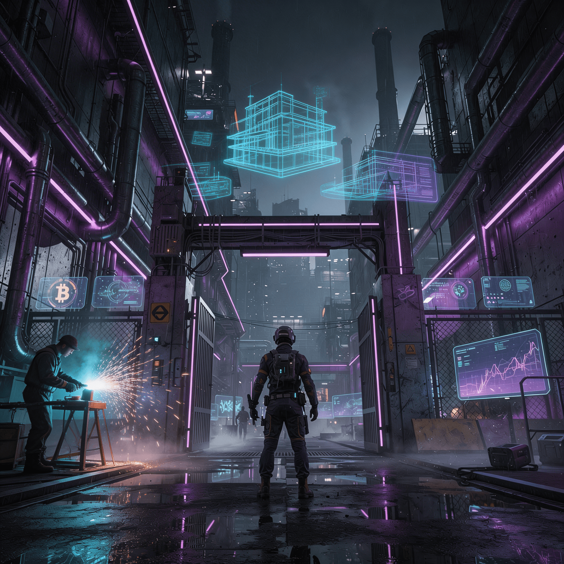 AI generated: "Inside a high-tech blockchain forge, construction site with holographic blueprints, welding sparks ...