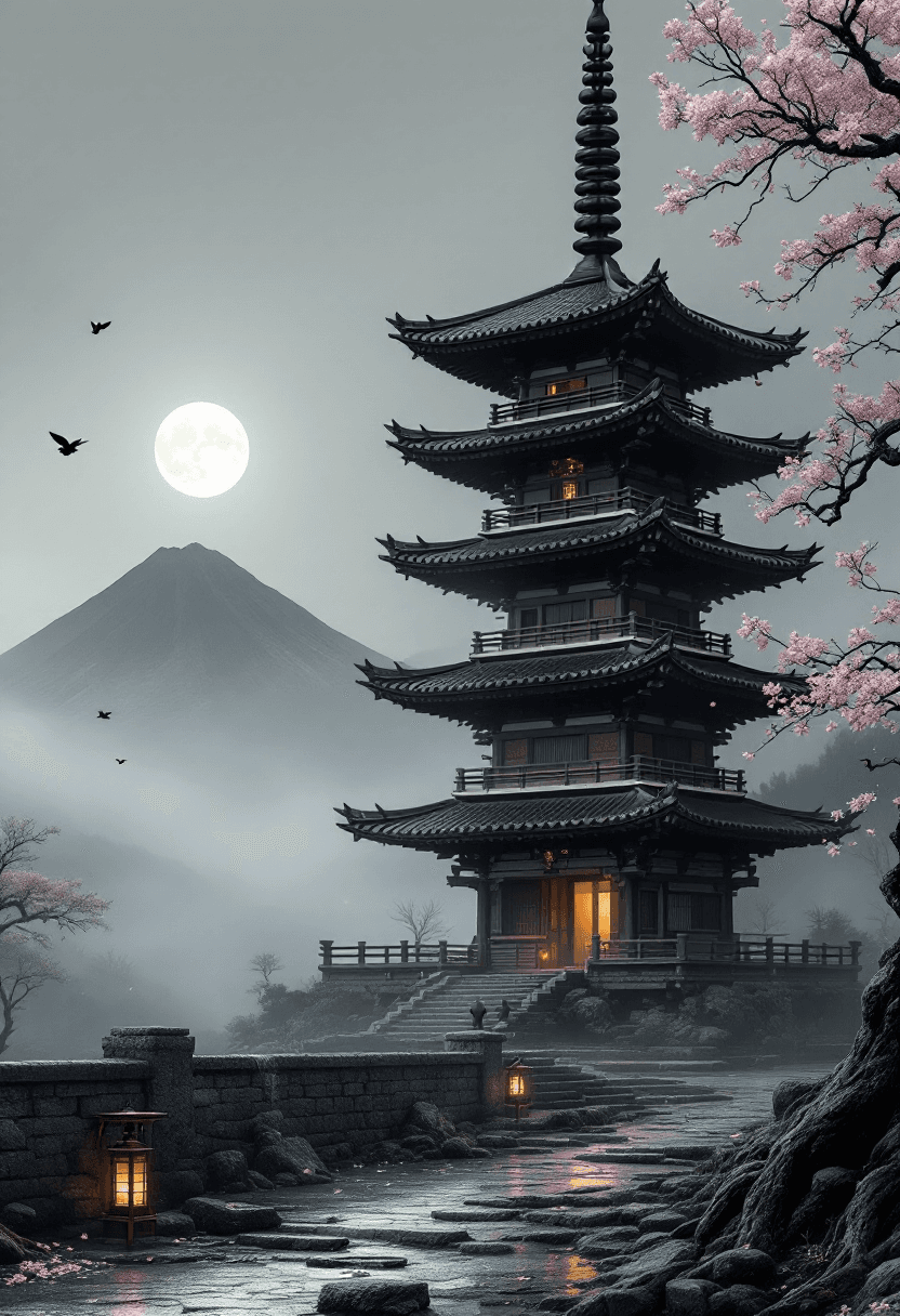 AI generated: A full traditional Japanese pagoda tower, off-center right, fully visible from base to spire, uncrop...