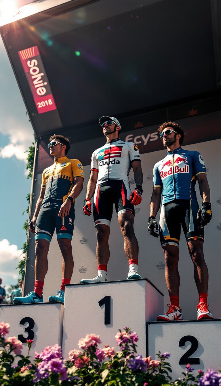 AI generated: Summer. There are 3 riders on the podium, wearing clothes with logos of different clubs.   The podiu...
