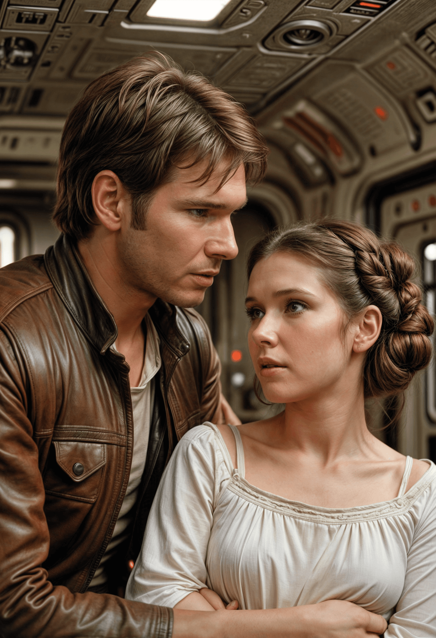 AI generated: Han Solo and  Princess Leia, Star Wars ,scene in a spaceship,dynamic lights,intricate details