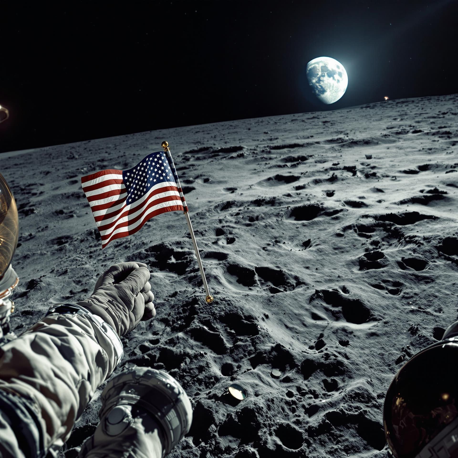 AI generated: POV perspective, ultra-realistic astronaut view, Neil Armstrong’s hands in detailed NASA spacesuit g...