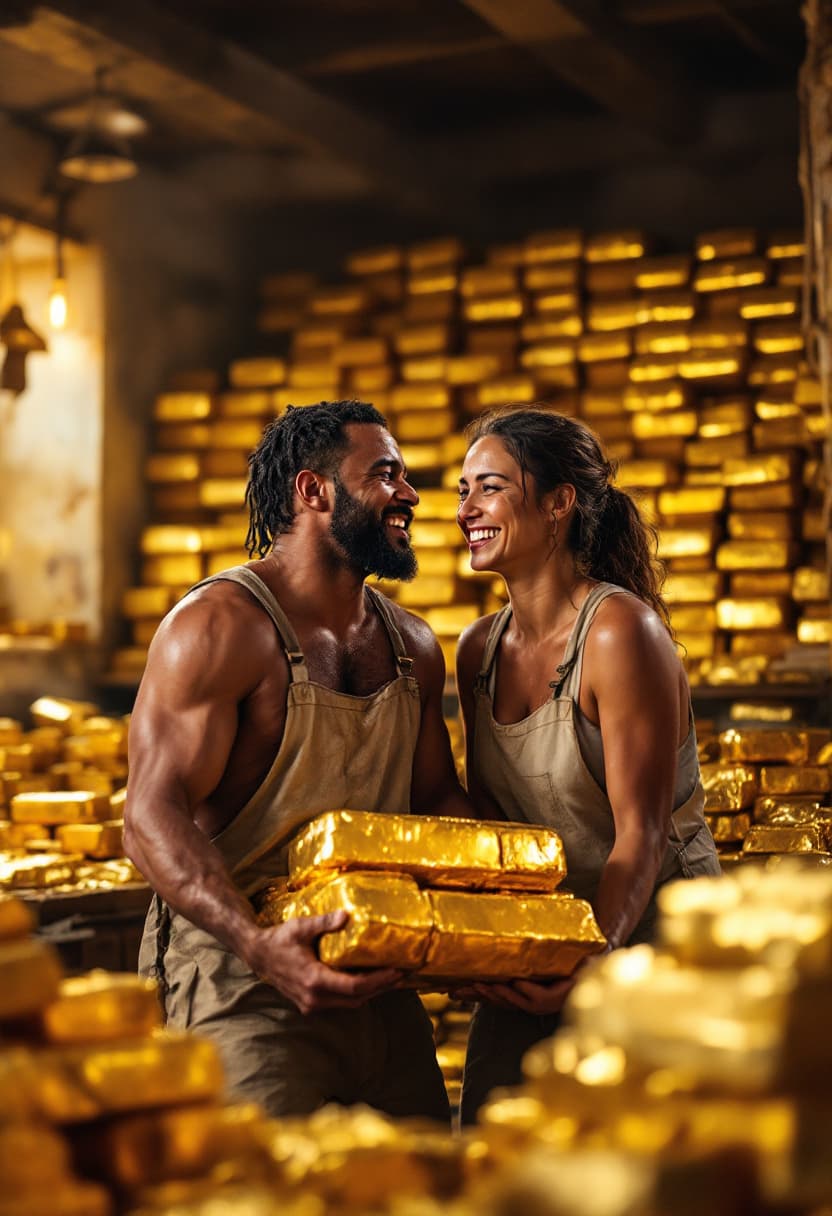 AI generated: 
(happy Aida couple working together:1.5), (carrying heavy gold bricks:1.5), (inside a cozy and warm...