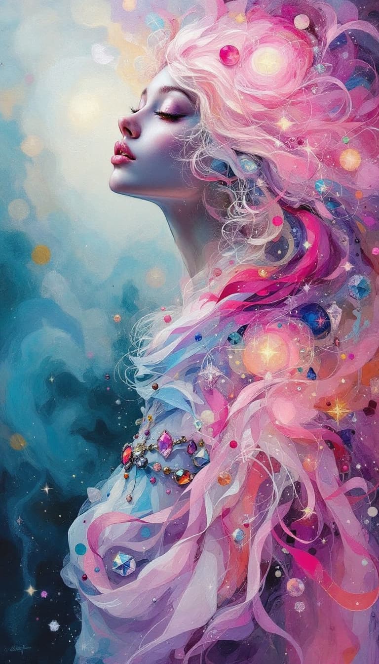 AI generated: "Rose Quartz Empath in a Symphony of Souls": A mesmerizing abstract painting presents an empath, wit...