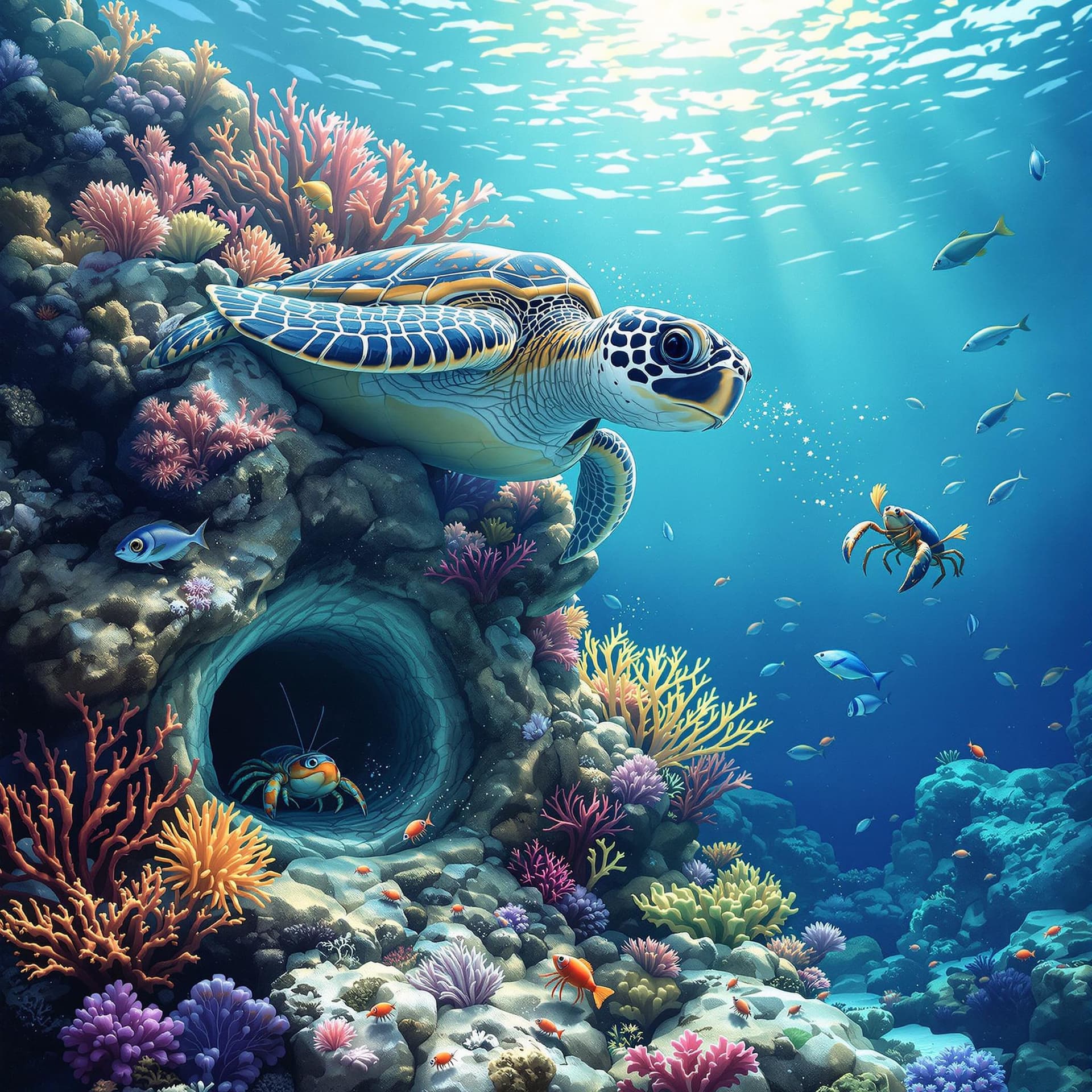 AI generated: Create an underwater scene featuring a sea turtle swimming on top of a reef, looking down with curio...