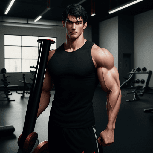 AI generated: 187 Height, muscular hunk, short black hair, clear and handsome, facial expression, red eyes, holdin...