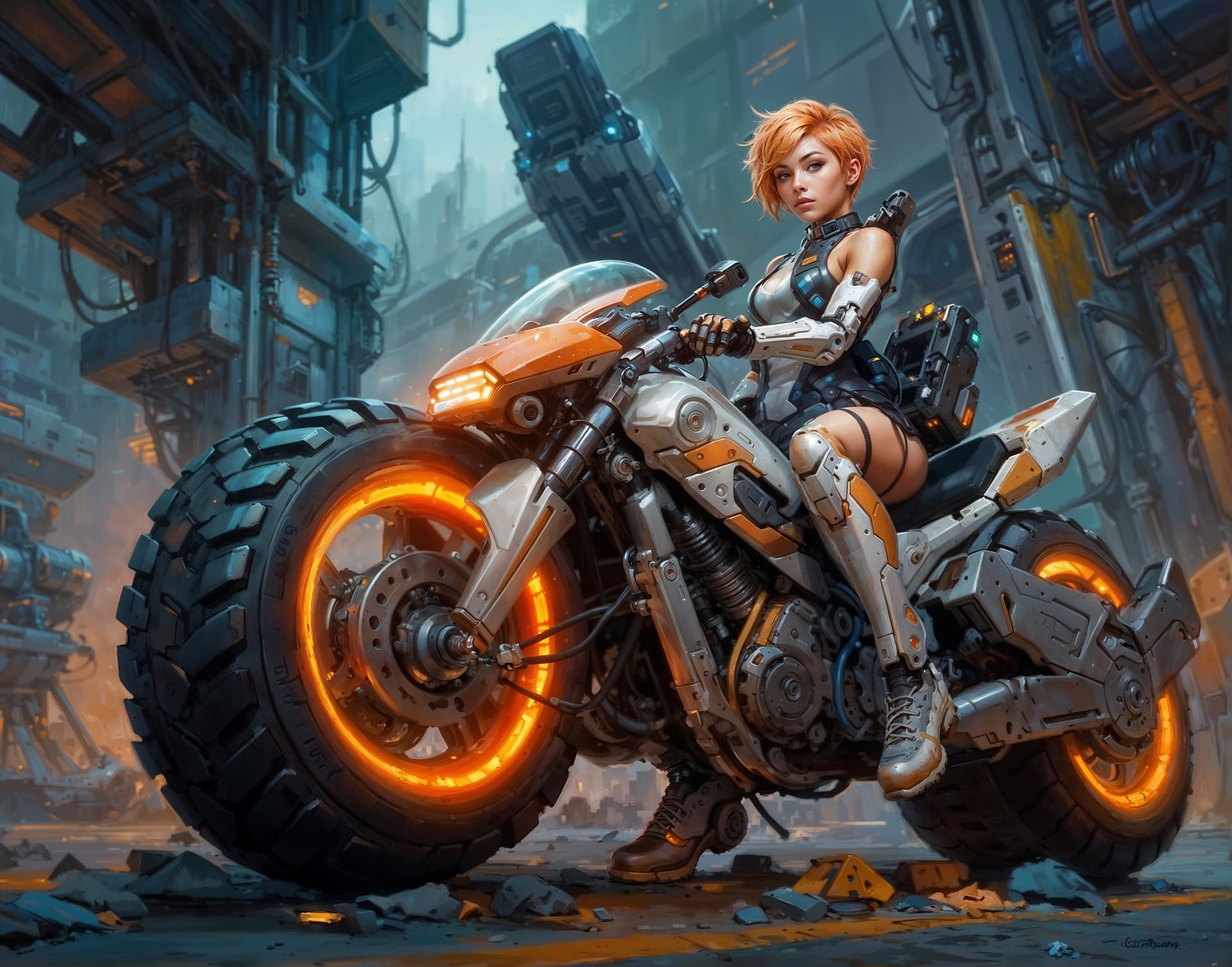 AI generated: 1 cute cyborg lady holding onto futuristic motorcycle with left Hand , left hand on bike throttle ri...