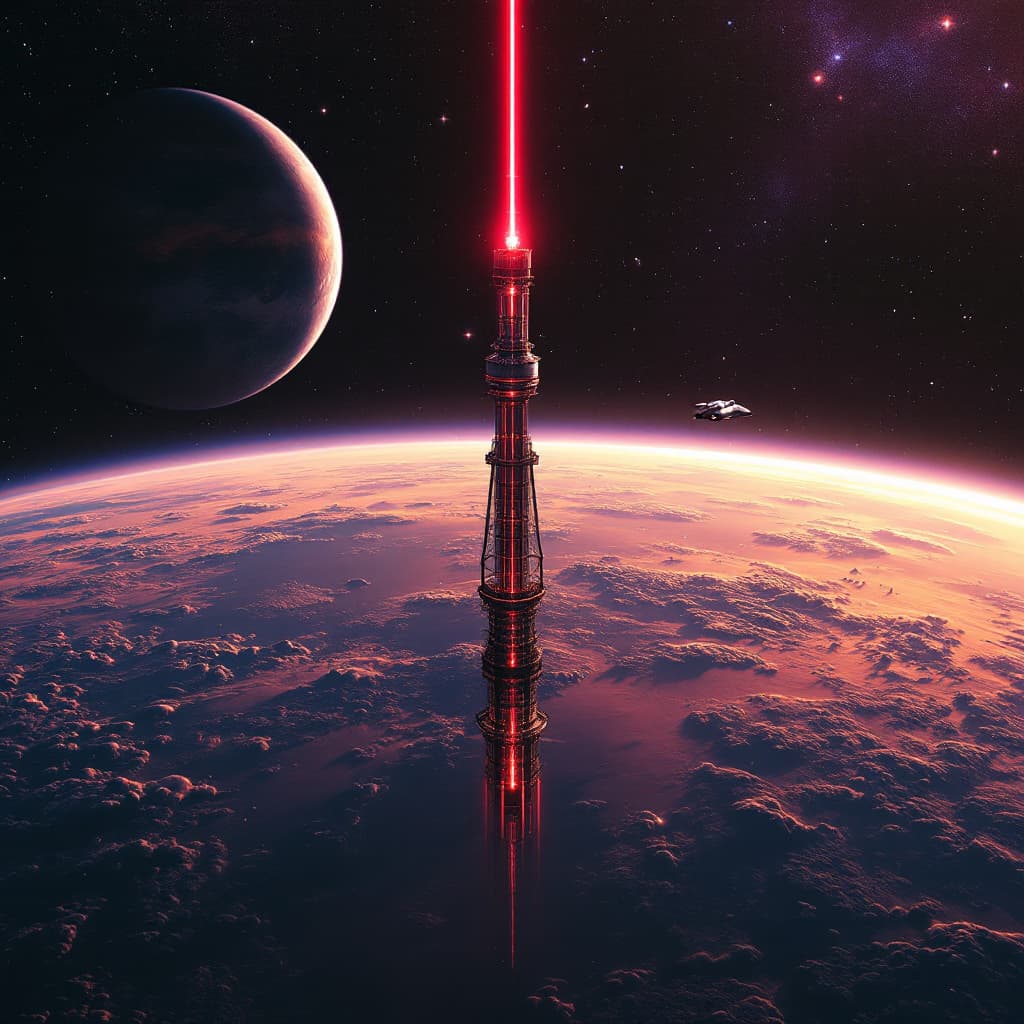 AI generated: A space elevator on the horizon of Earth, planet in background, starry sky, space station with red l...