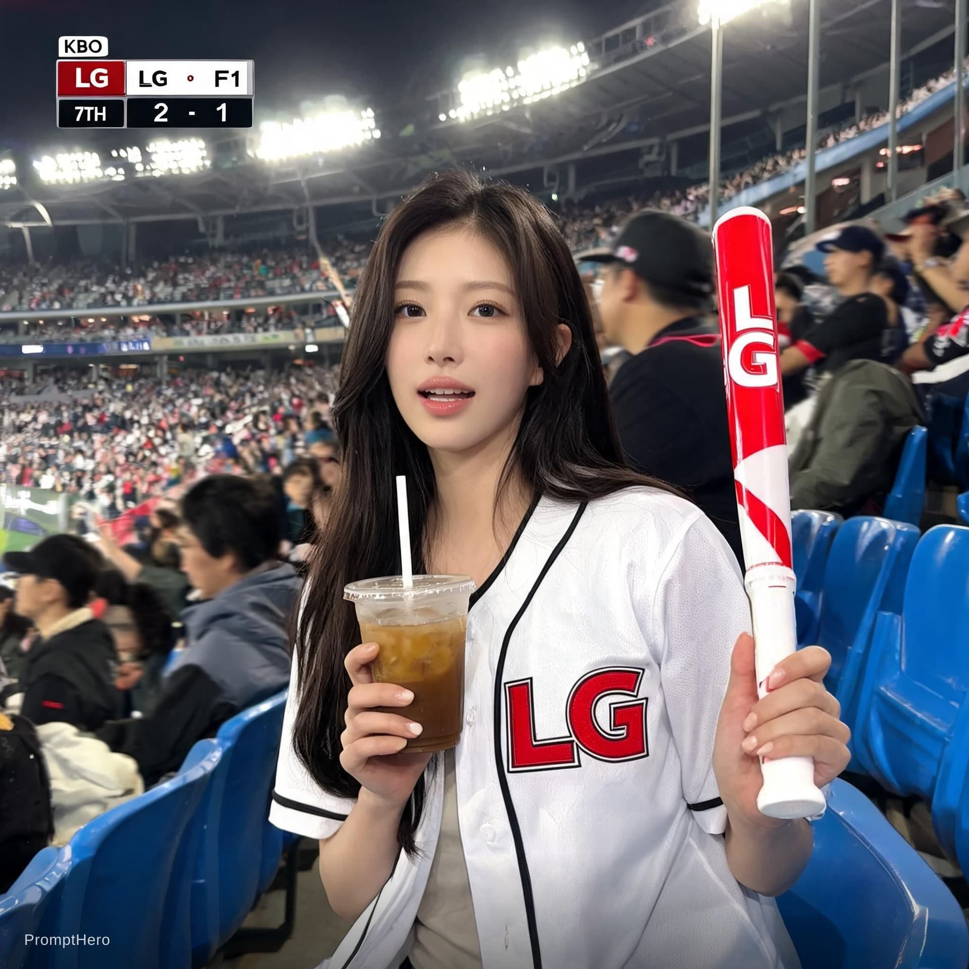 AI generated: Create an ultra-realistic candid KBO baseball broadcast screenshot of the same woman accidentally ca...