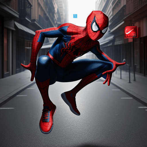 AI generated: create image of man, moviment in the street, spiderman wearing nike air jordan --s 250 --uplight