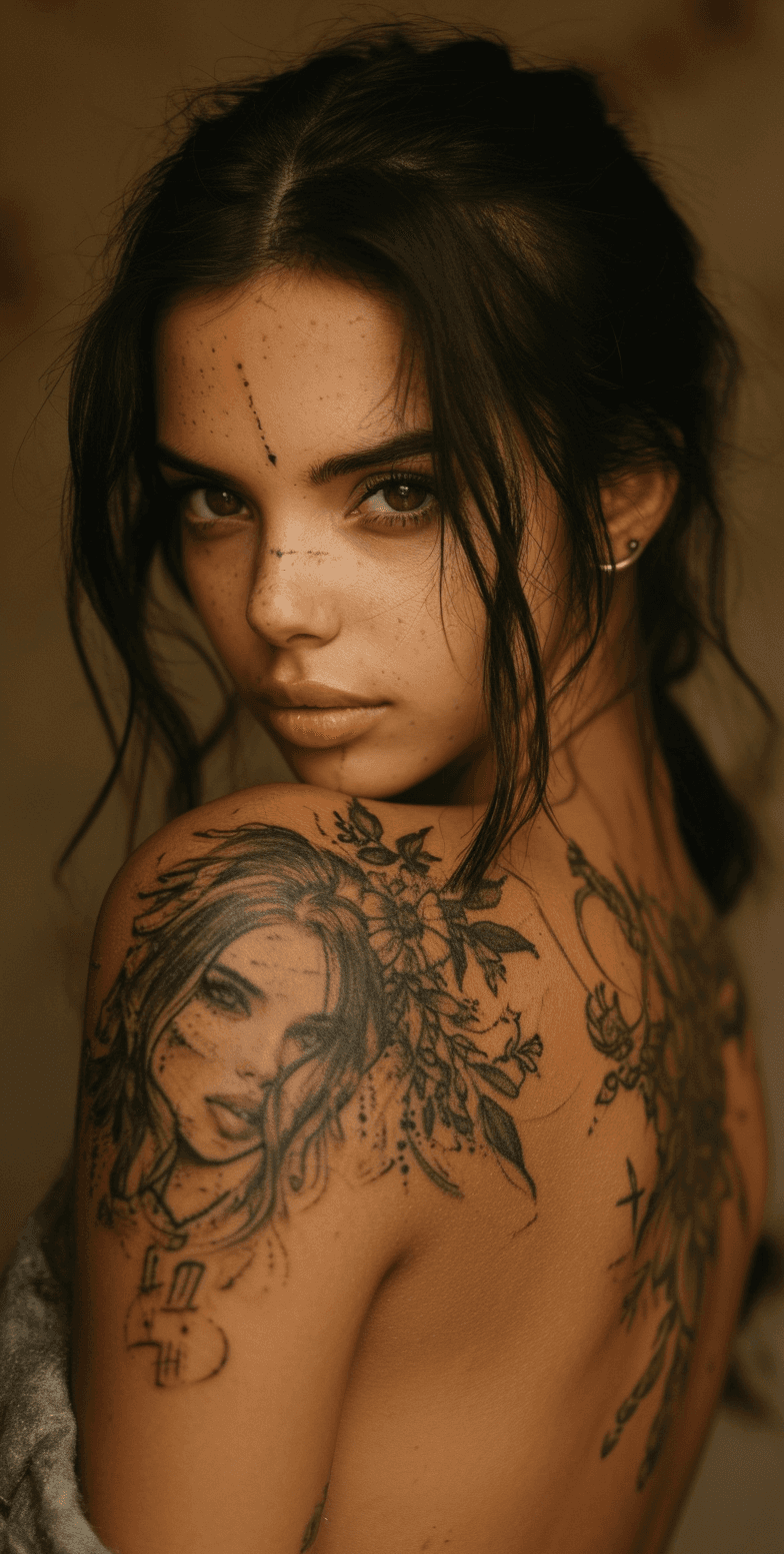 AI generated: a woman a tattoo on her arm and shoulder, in the style of mysterious beauty, algeapunk, asian-inspir...