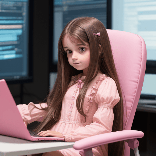 AI generated: A young lady with super long brown hair wearing a pink dress, in a chair with a laptop on hands, cod...