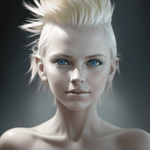 AI generated: (((blonde mohawk))), sharp light blue eyes, A soul-stirring close-up portrait of a woman, grins, her...
