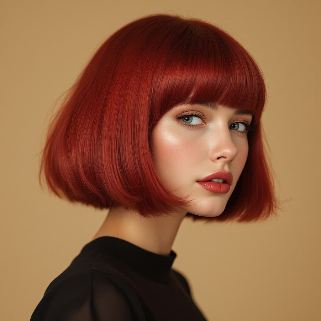 AI generated: hair photography, woman, bob cut hair, red color, ivory hue background, studio lighting setup, reali...