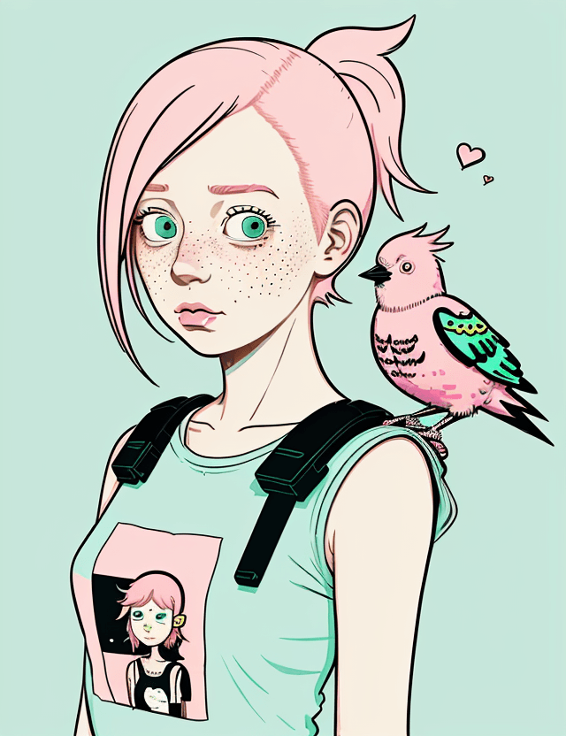 AI generated: An illustration of a quirky girl with pink hair, in the style of Flat shading, Gemma Correll, with f...