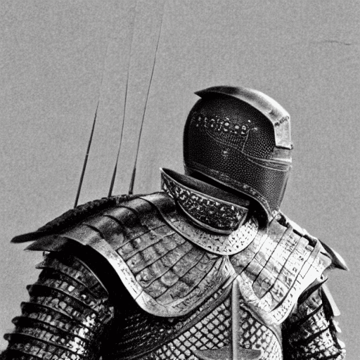AI generated: A highly detailed scene depicting a knight wearing a heaume. The knight appears wearing black plate ...