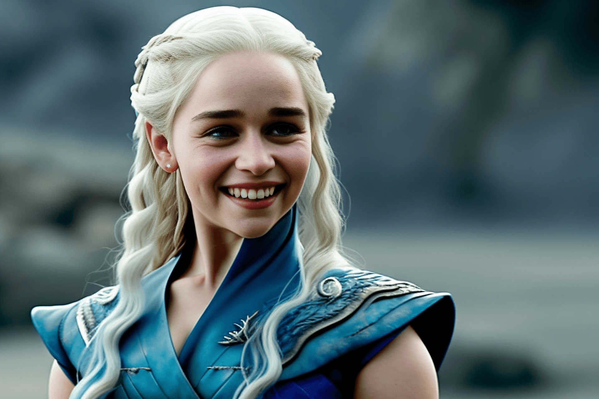 AI generated: emilia clarke as daenerys, princess, smiling, of game of thrones, blue dress, hyperrealistic, bokeh,...