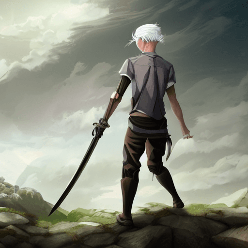 AI generated: a boy with white hair and brown skin using a one handed sword in a valley, cloudy sky, cinematic lig...