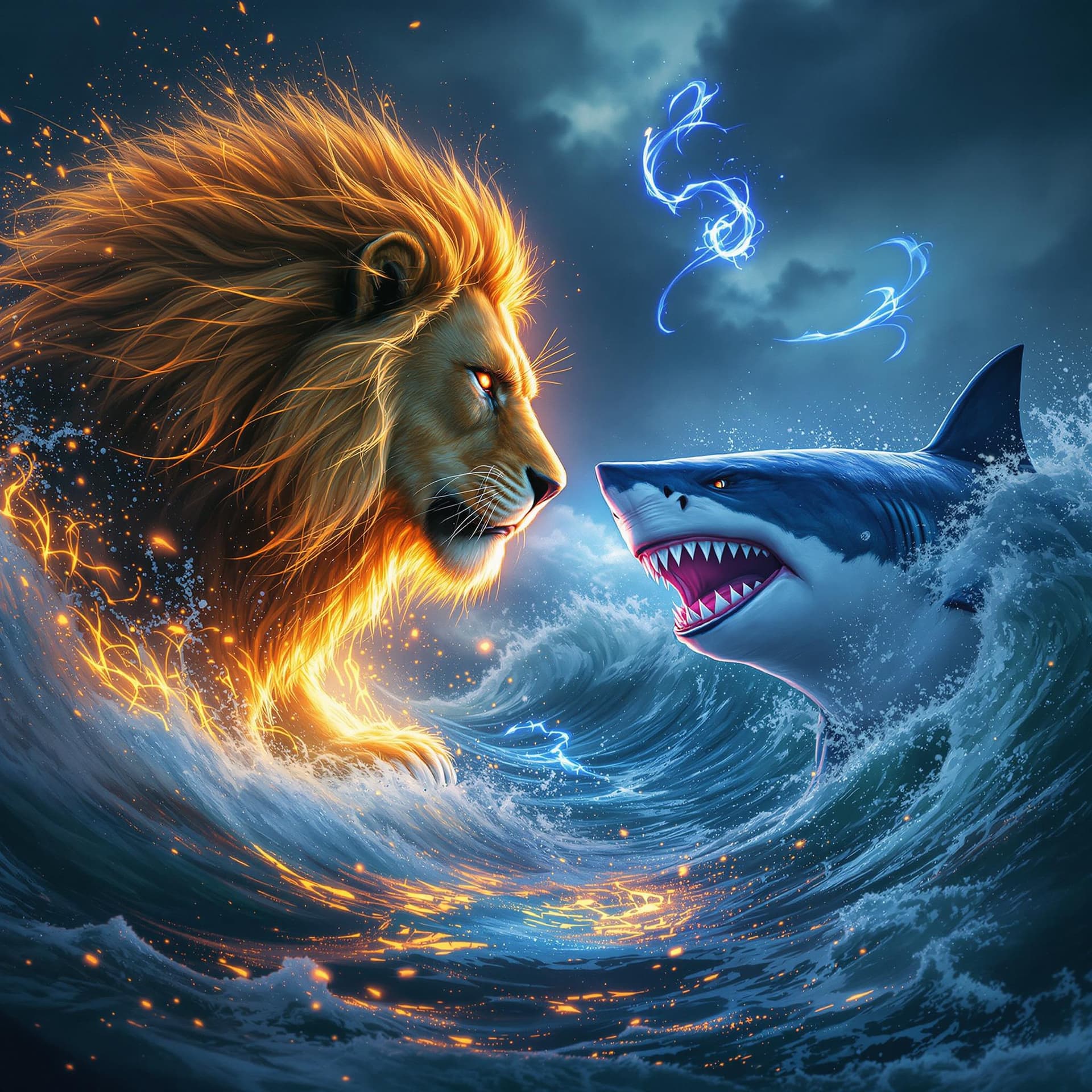 AI generated: A cinematic, hyper-detailed image depicting a fierce blue shark, its sleek, powerful body fully visi...