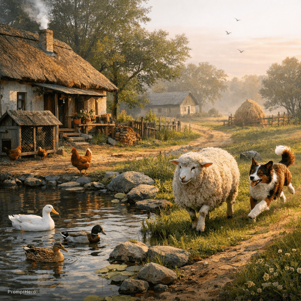 AI generated: a normal morning in a village, small village house, chicken coop, chicken and duck in the pond, ther...