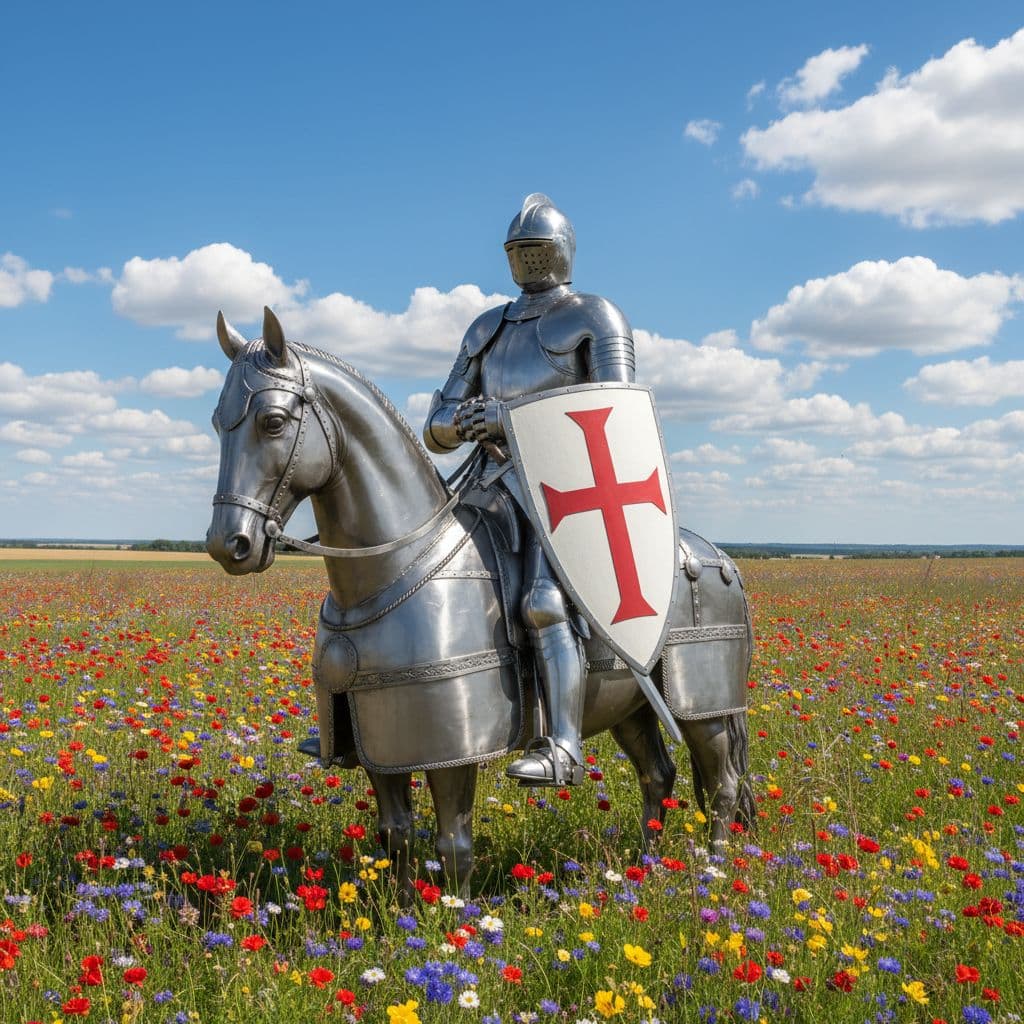 AI generated: The image depicts a life-sized statue of Saing George, in your horse, a field filled with colorful f...