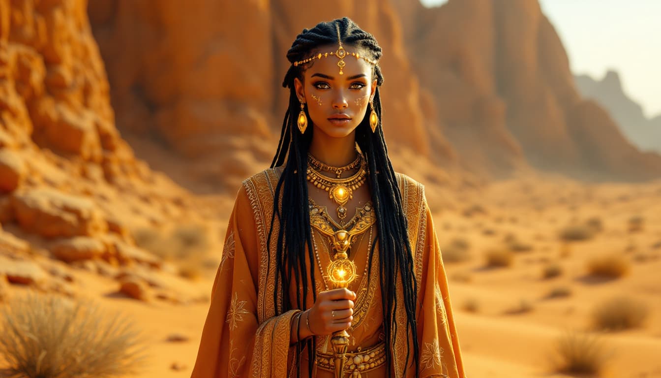 AI generated: An ultra-realistic, full-body portrait of a mesmerizing desert prophetess woman, radiating ancient w...