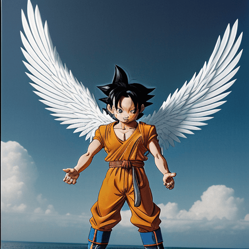 AI generated: Toriyama Akira's comic IP Goku, with white angel wings behind him and an angel ring on his head, wav...
