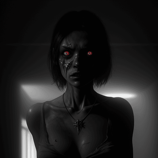 AI generated: A mutant hostile girl emerging from a dark room, necklace, gray lighting, painful, deformed body, pe...