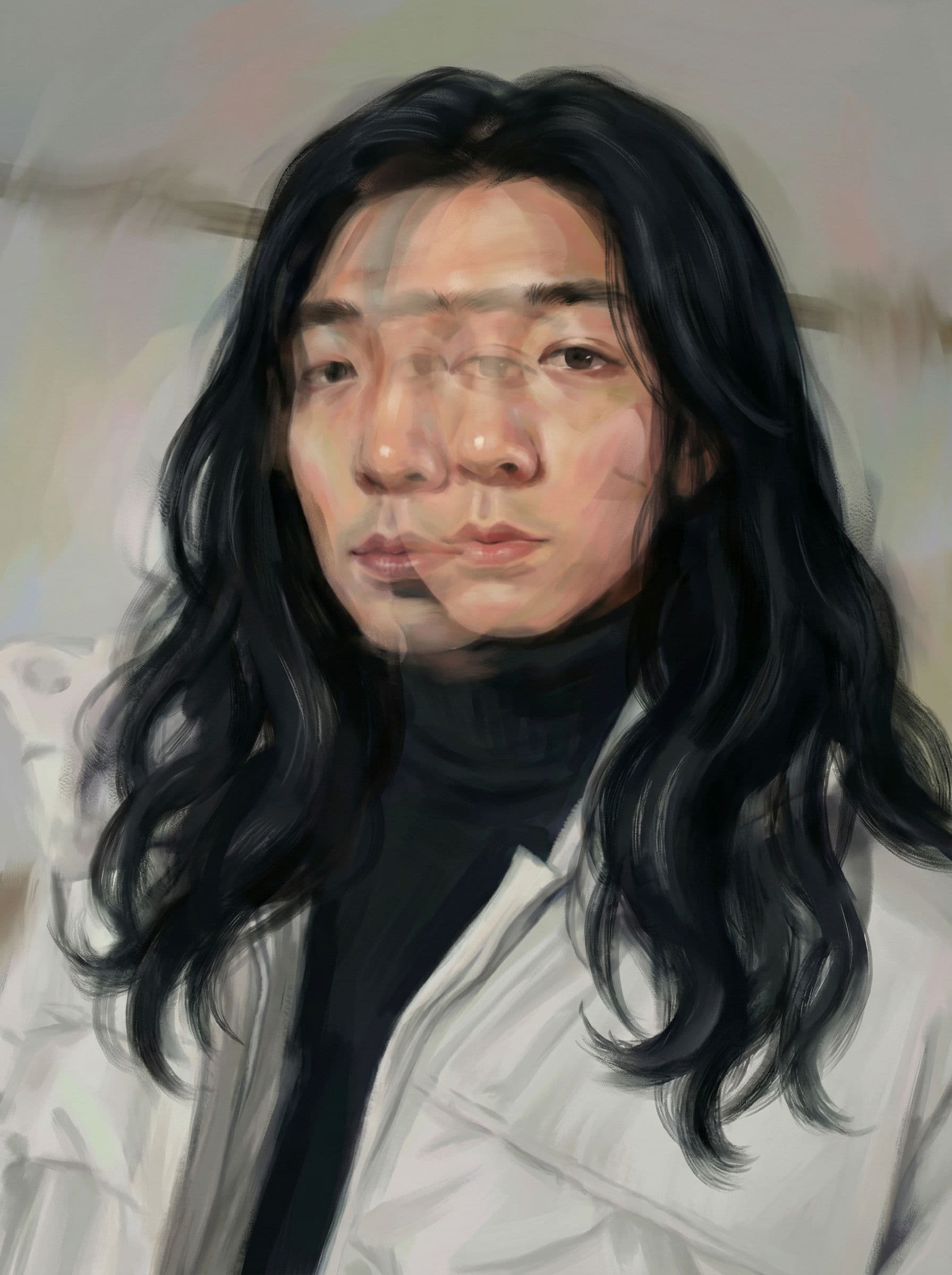 AI generated: a man with flowing, black hair is posing, in the style of dain yoon, soft edges and blurred details,...