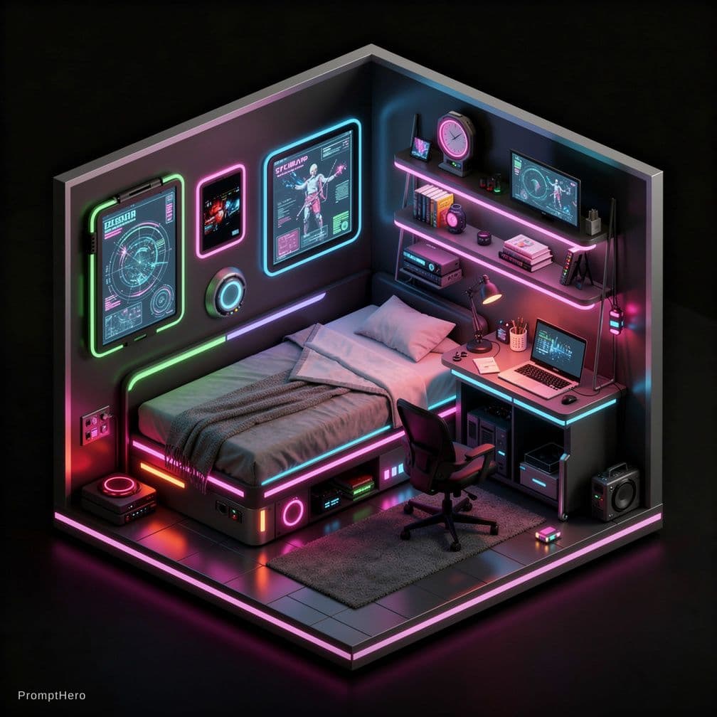 AI generated: cute isometric cyberpunk bedroom, cutaway box, futuristic, highly detailed, made with blender --v 4