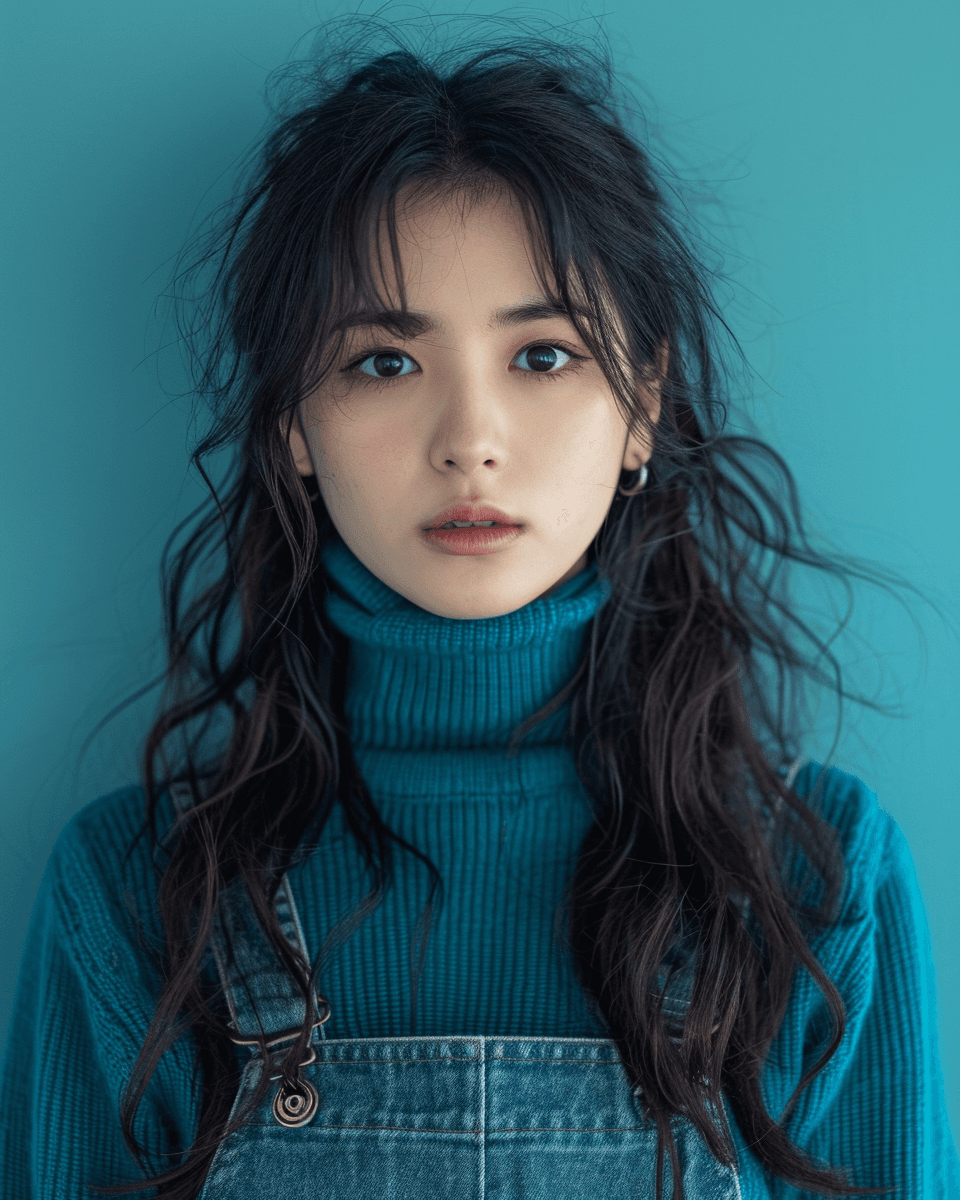 AI generated: a girl wearing overalls poses for the camera, in the style of shige's visual aesthetic style, wavy, ...