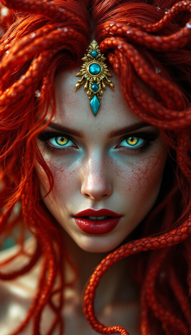 AI generated: Transform to extreme vivid fantasy realism style art, ultra-detailed masterpiece, depiction of Medus...