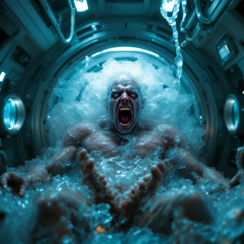 AI generated: A screaming man, frozen in ice inside an airlock tank, in the middle of a row with other cryo tanks....