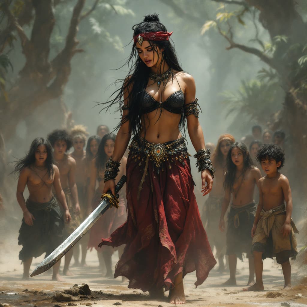 AI generated: a woman, long black hair, red bandana, black jeweled bra, long jeweled skirt, barefoot (((show foot)...
