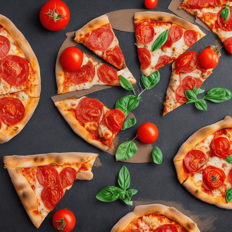 AI generated: flatlay, pizza,tomatoes,green

