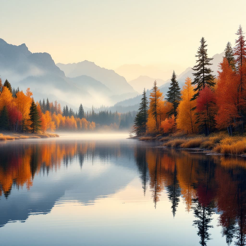 AI generated: Golden hour landscape photography of a serene lake surrounded by lush, autumnal trees in vibrant ora...