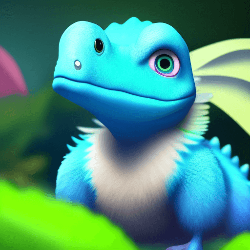 AI generated: an adorable and fluffy baby dinosaur with big color eyes, with soft feathers and wings, waterfall, w...
