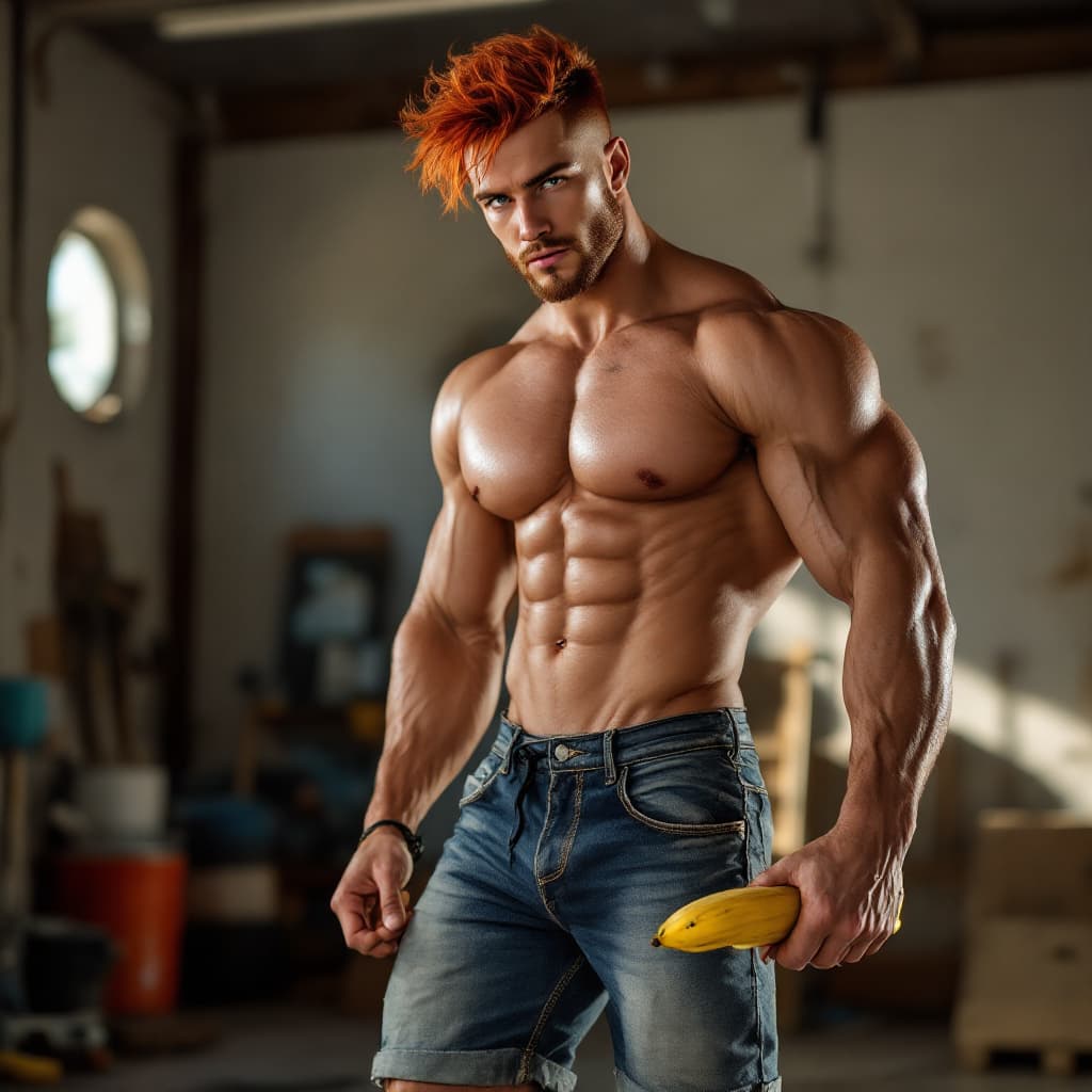 AI generated: Photorealistic image of a handsome male 25-year-old skater dude, with huge muscles, with pale red ha...