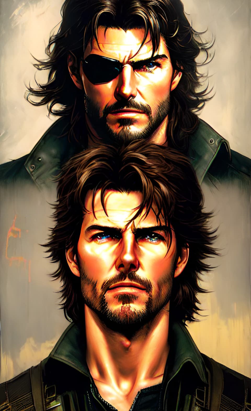 AI generated: Retro Style Tom Cruise Big Boss Metal Gear Solid Poster, hyper realistic render, detailed, 8k