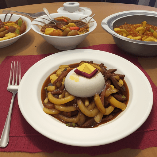 AI generated: una mesa con los siguientes platos ordenados para almorzar: Papa a la huancaína, Sopa menestrón, Lom...