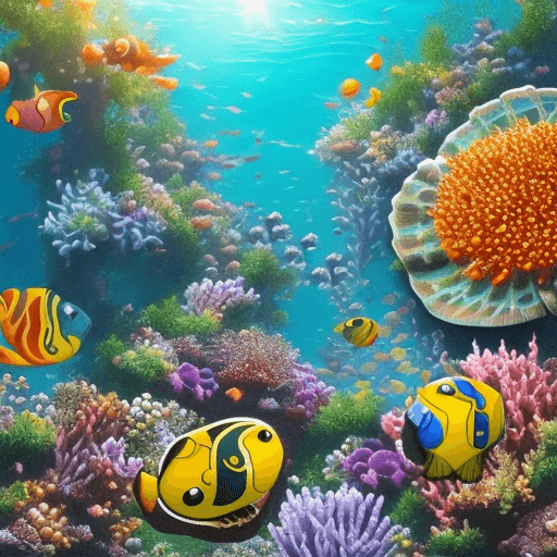 AI generated: create a picture of a flower meadow under water with corrals, fishes and a turtle and sun shines thr...