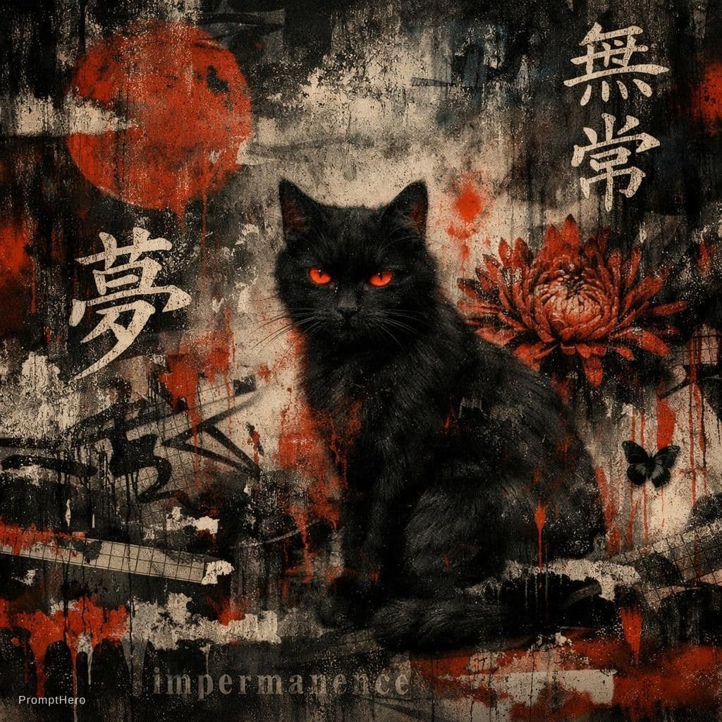 AI generated: black cat,softly,black and red color tones,wabi-sabi art,abstract ,punk collage ,urbanpunk,flowerpun...