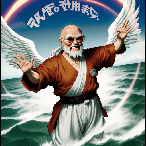 AI generated: Toriyama Akira's comic IP Master Roshi, with white angel wings behind him and an angel ring on his h...