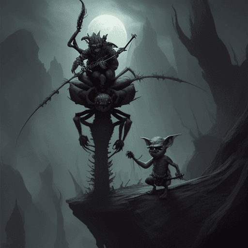 AI generated: Small goblin riding on the back of a giant spider, looking scary and angry ready for war, spear in h...