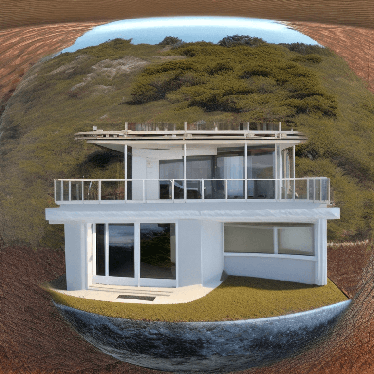AI generated: Hyper realistic eye level exterior photo of a mid century modern style house overlooking the ocean, ...