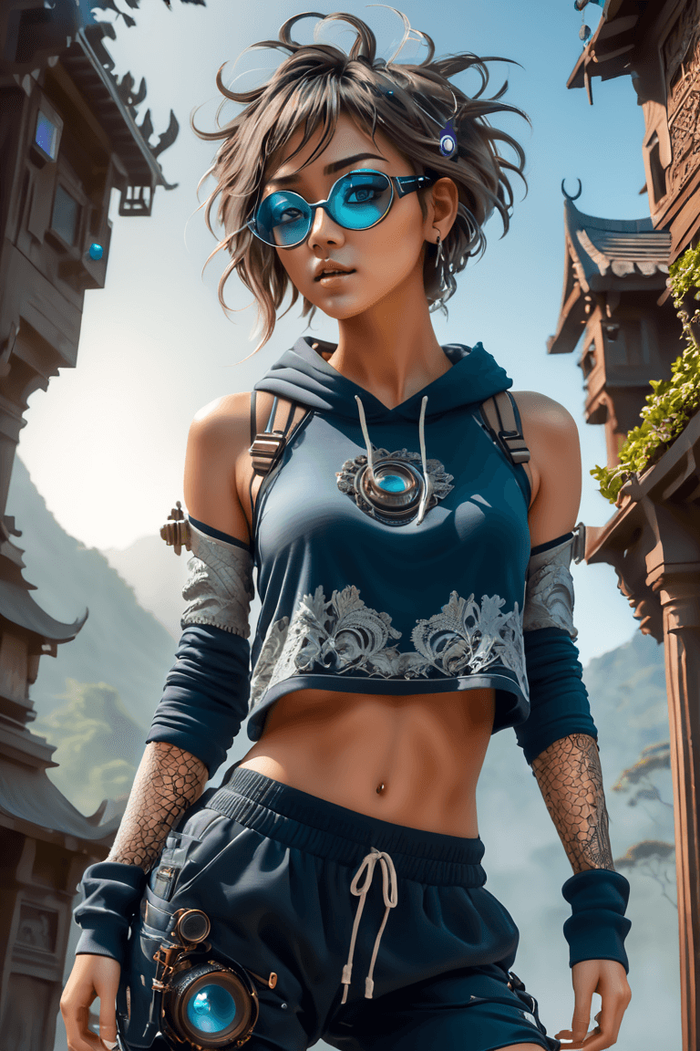 AI generated: dreamscape beautiful young, thin, fit, short messy hair, intricate details, baggy pants, t-shirt, (c...