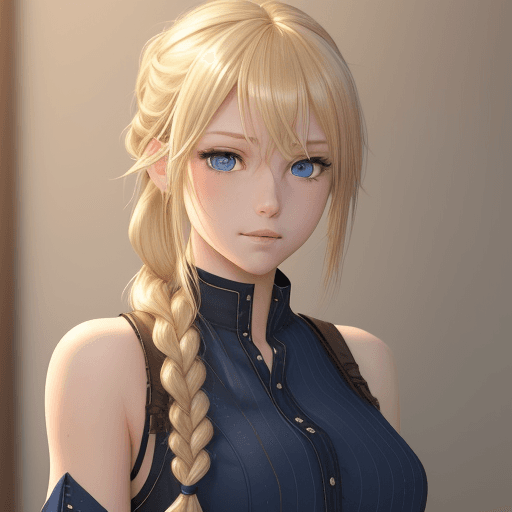 AI generated: (((whisky_project))), ((blonde)), (((blue eyes))), single long braid, single braid, bangs, ahoge, lo...