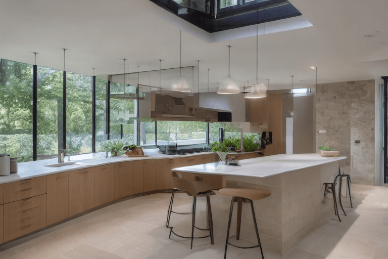 AI generated:  interior design, open plan kitchen and living, limestone floor, U-shaped kitchen to the right, kitc...