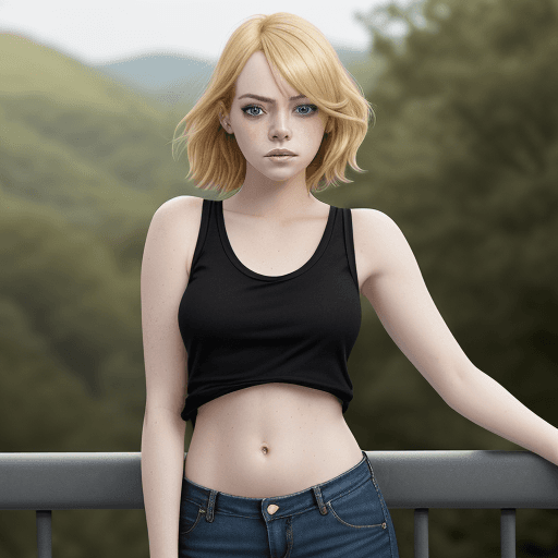 AI generated: emma stone ,  (((blonde hair))),  natural make up , (((black tank top, denim short))), standing outs...