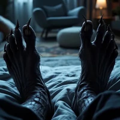 AI generated video: **POV, I am a jinn lying on my bed. Only my feet are visible in the frame.**

My legs are stretche...